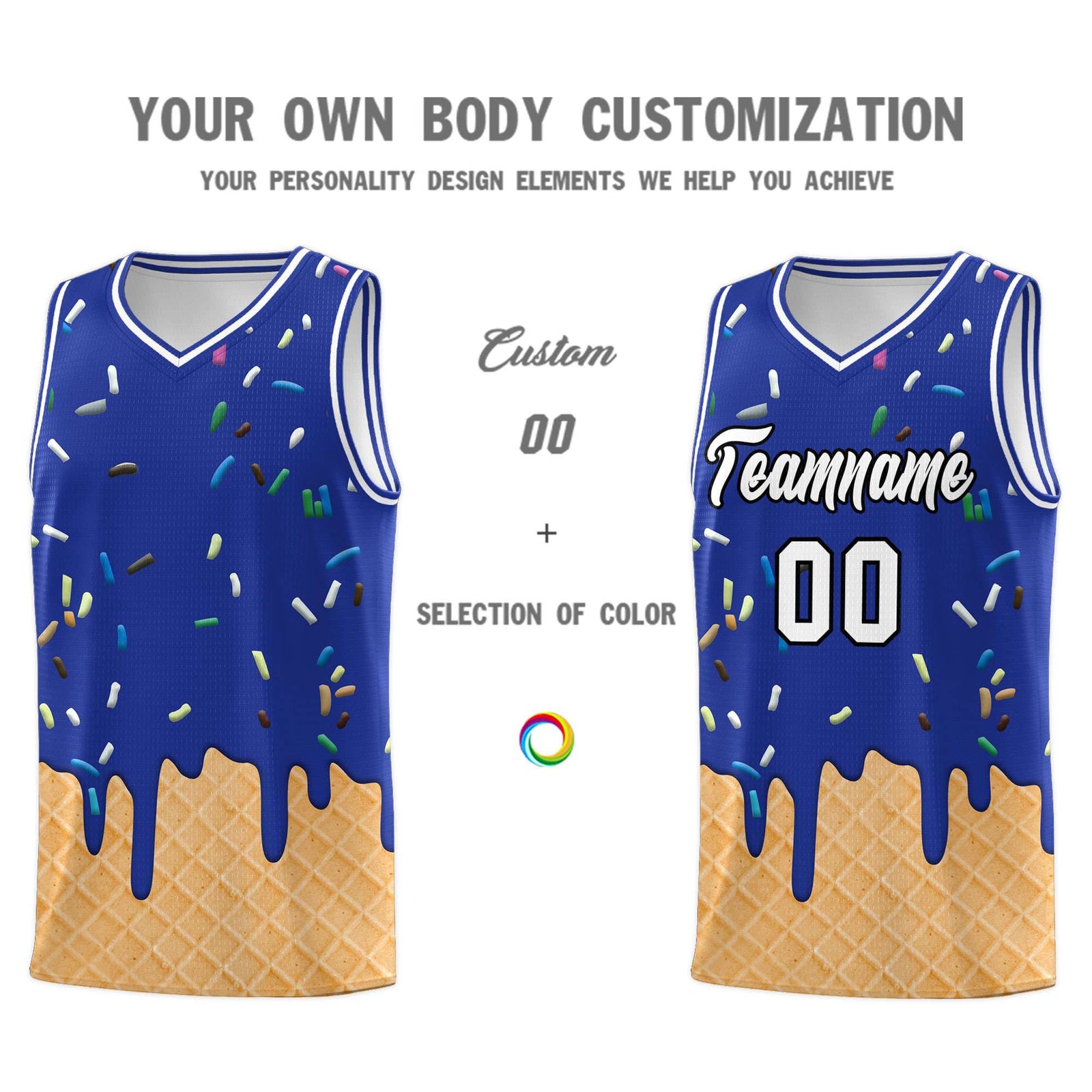 Custom Royal Blue Basketball Kits with Ice Cream Element Pattern