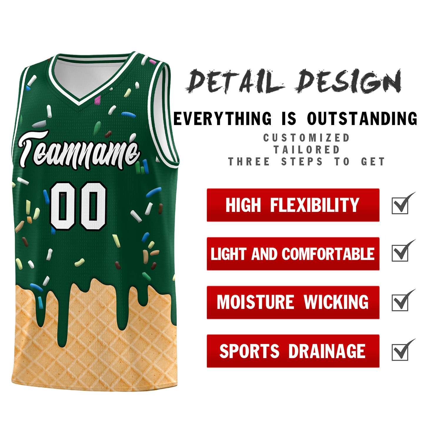 Custom Green Basketball Kits with Ice Cream Element Pattern