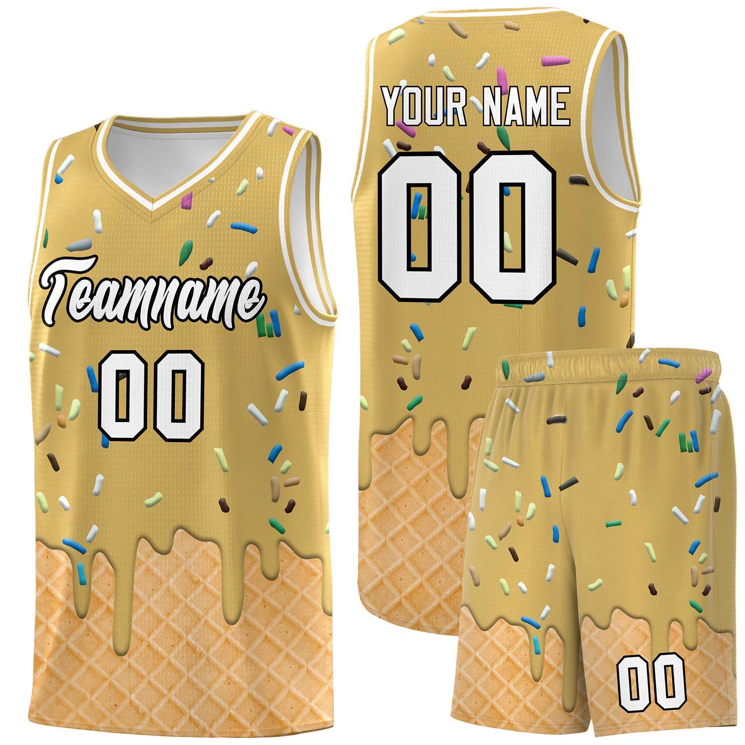Custom Old Gold Basketball Kits with Ice Cream Element Pattern