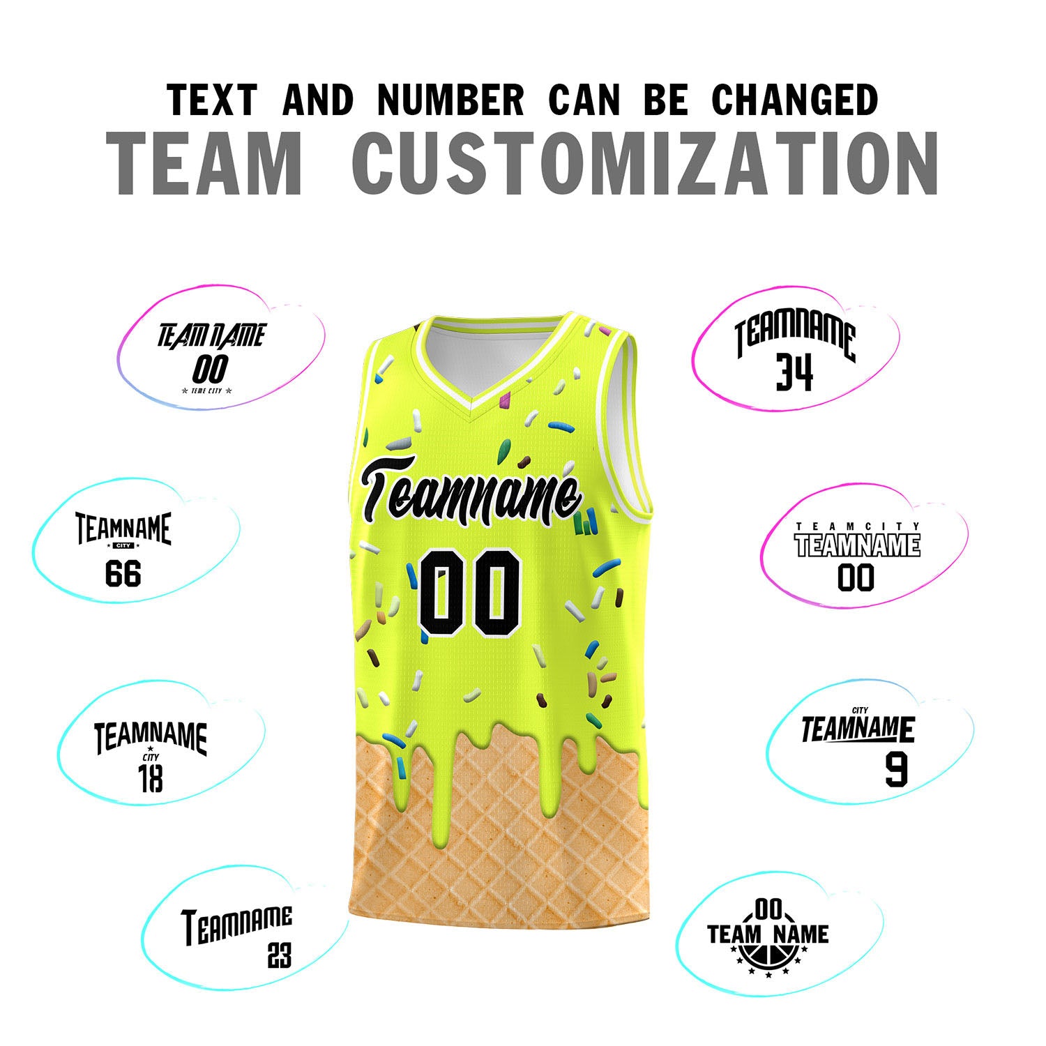Custom Fluorescent Green Basketball Kits with Ice Cream Element Pattern