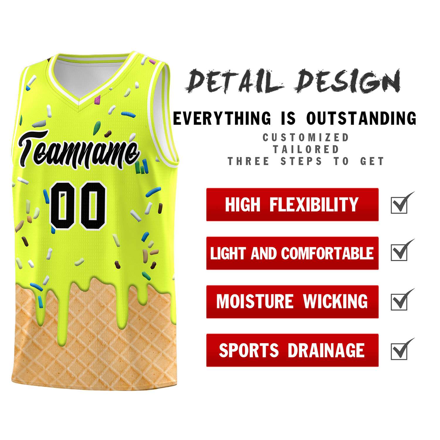 Custom Fluorescent Green Basketball Kits with Ice Cream Element Pattern