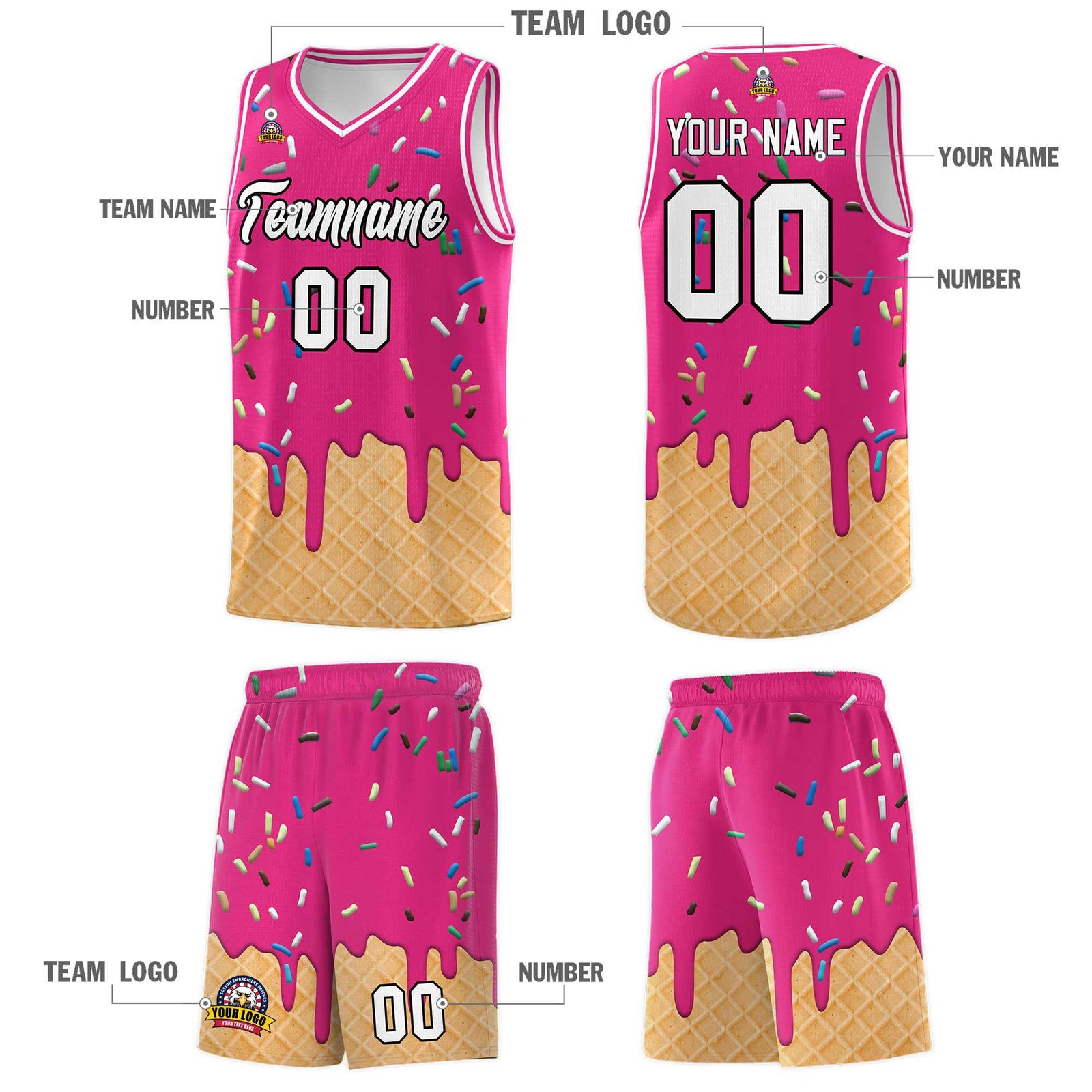 Custom Rose Red Basketball Kits with Ice Cream Element Pattern