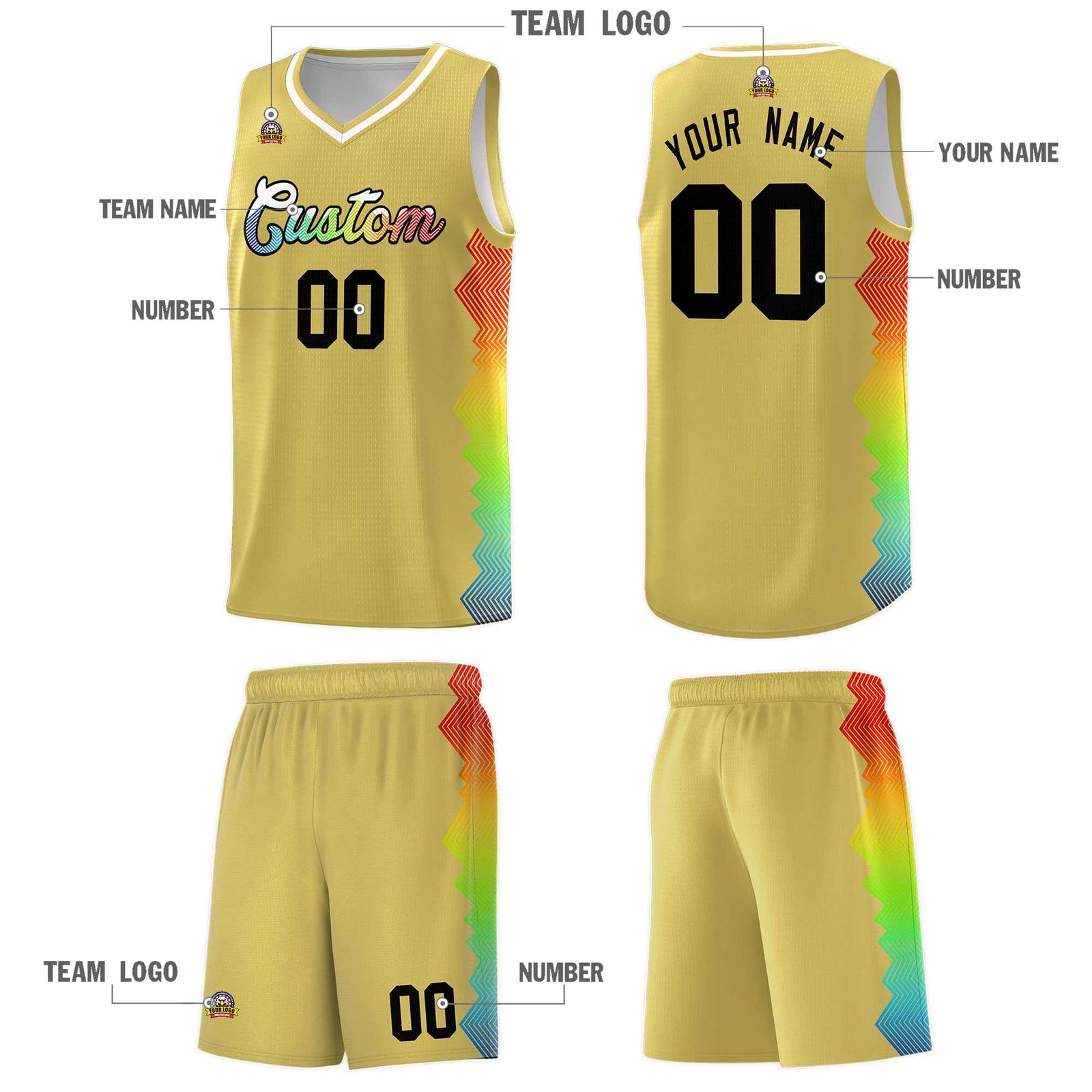 Custom Old Gold Denver Nuggets Rainbow Side Sports Uniform Basketball Jersey