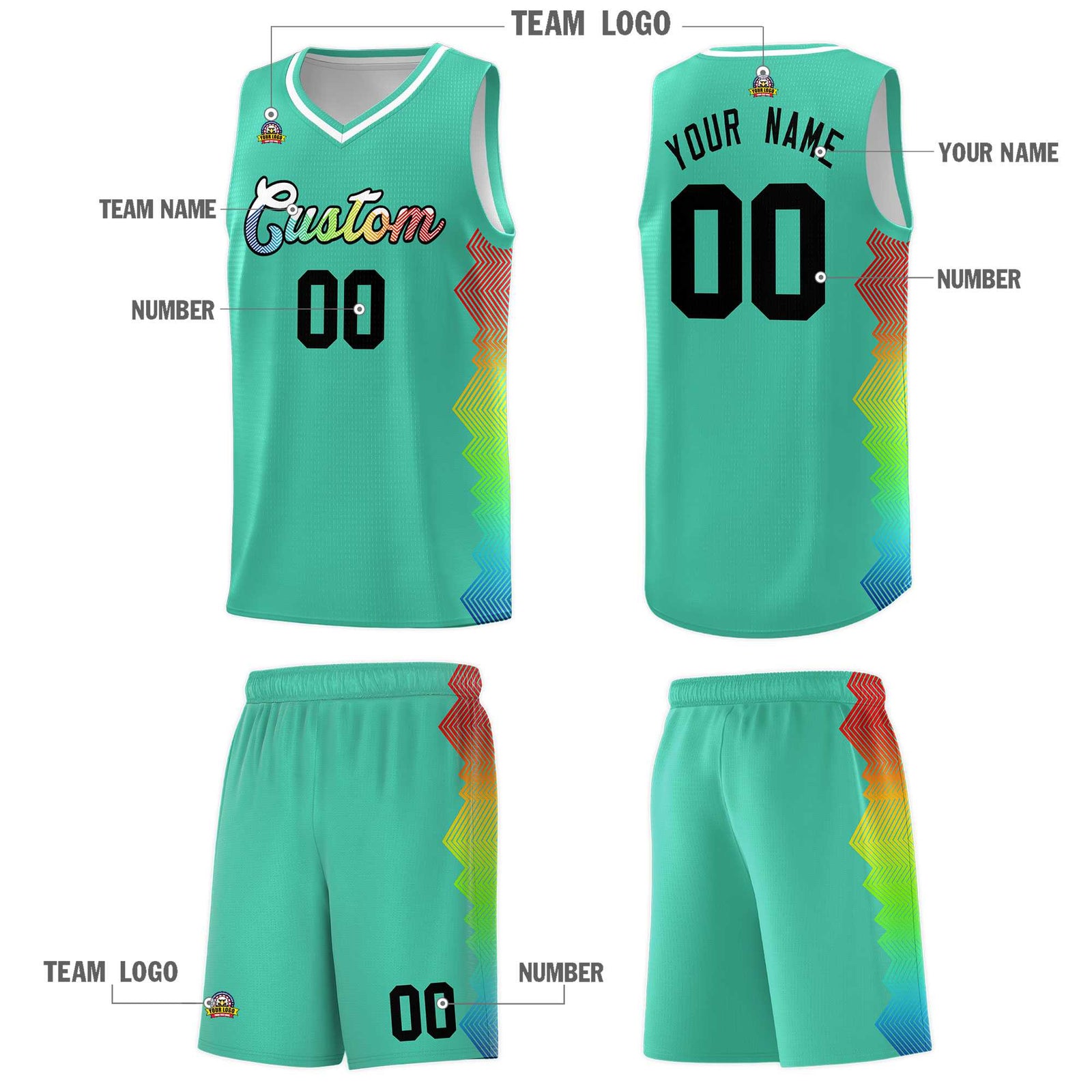 Custom Bright Green Denver Nuggets Rainbow Side Sports Uniform Basketball Jersey