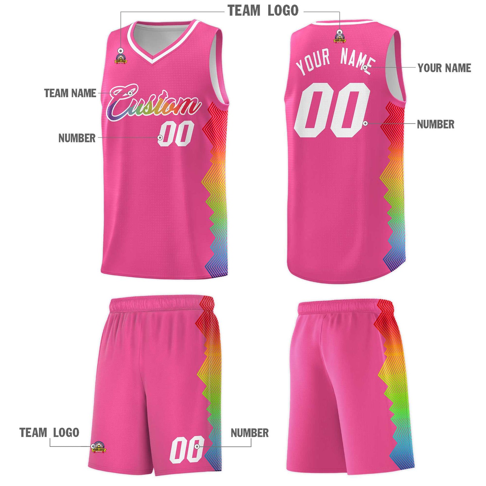 Custom Pink Denver Nuggets Rainbow Side Sports Uniform Basketball Jersey