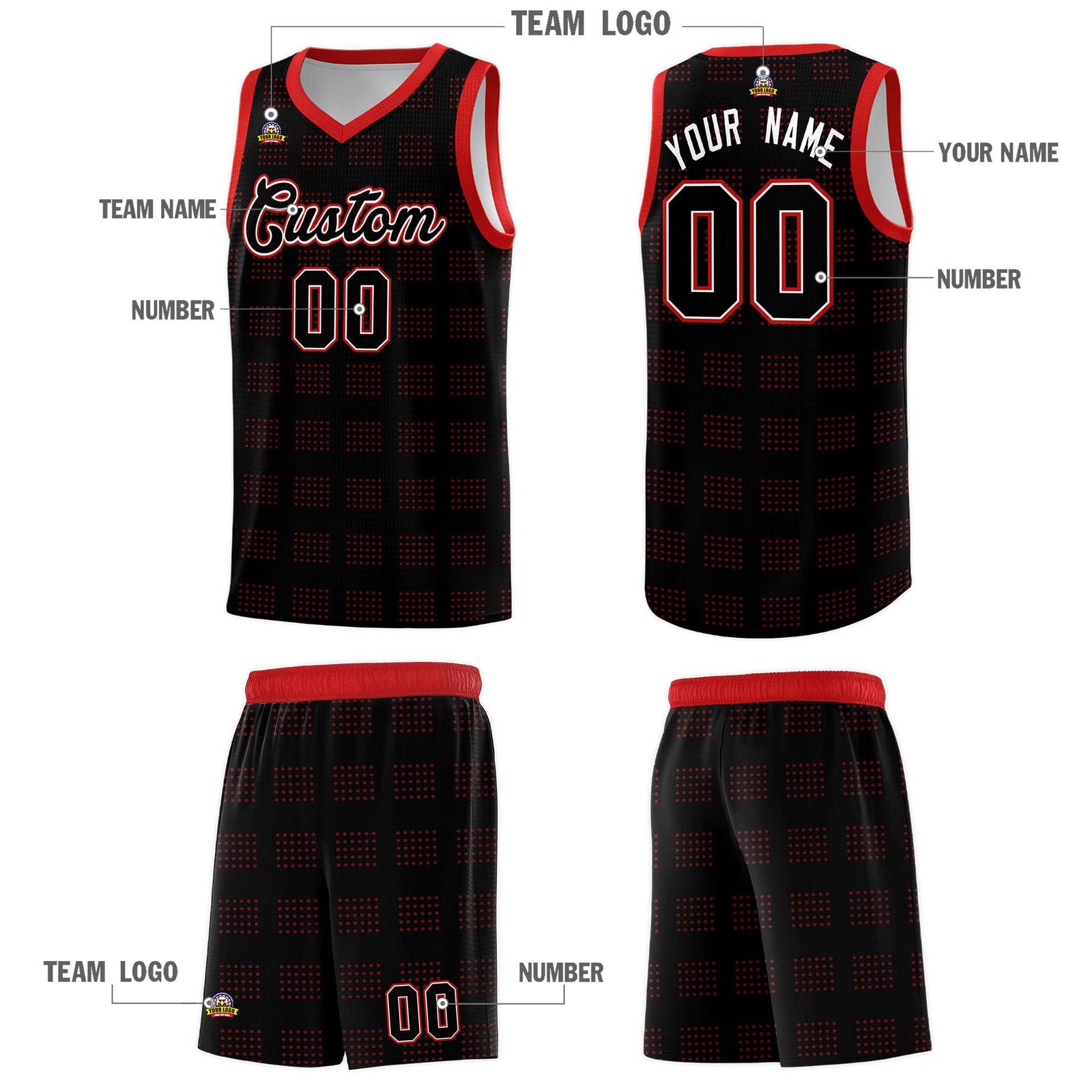 Custom Black Red Trailblazer Dot Pattern Sports Uniform Basketball Jersey
