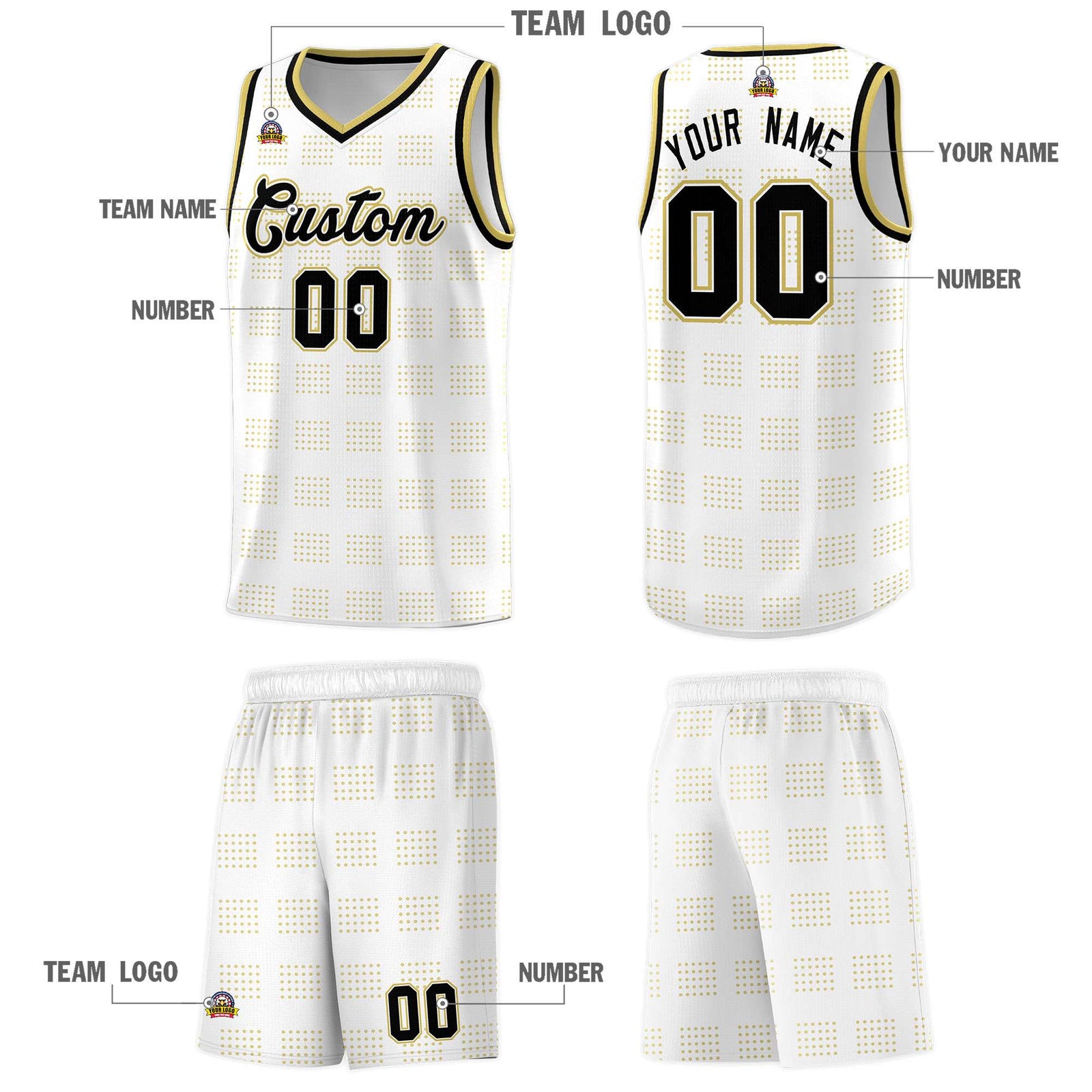 Custom White Old Gold Trailblazer Dot Pattern Sports Uniform Basketball Jersey