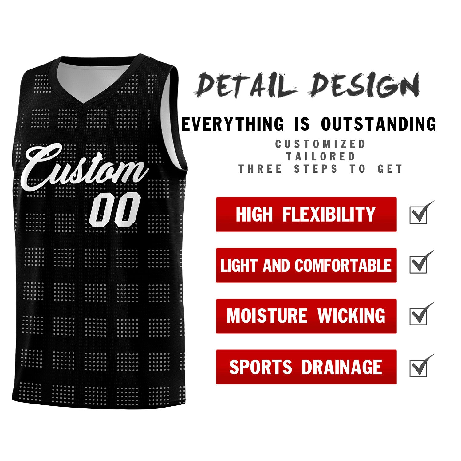 Custom Black White Trailblazer Dot Pattern Sports Uniform Basketball Jersey