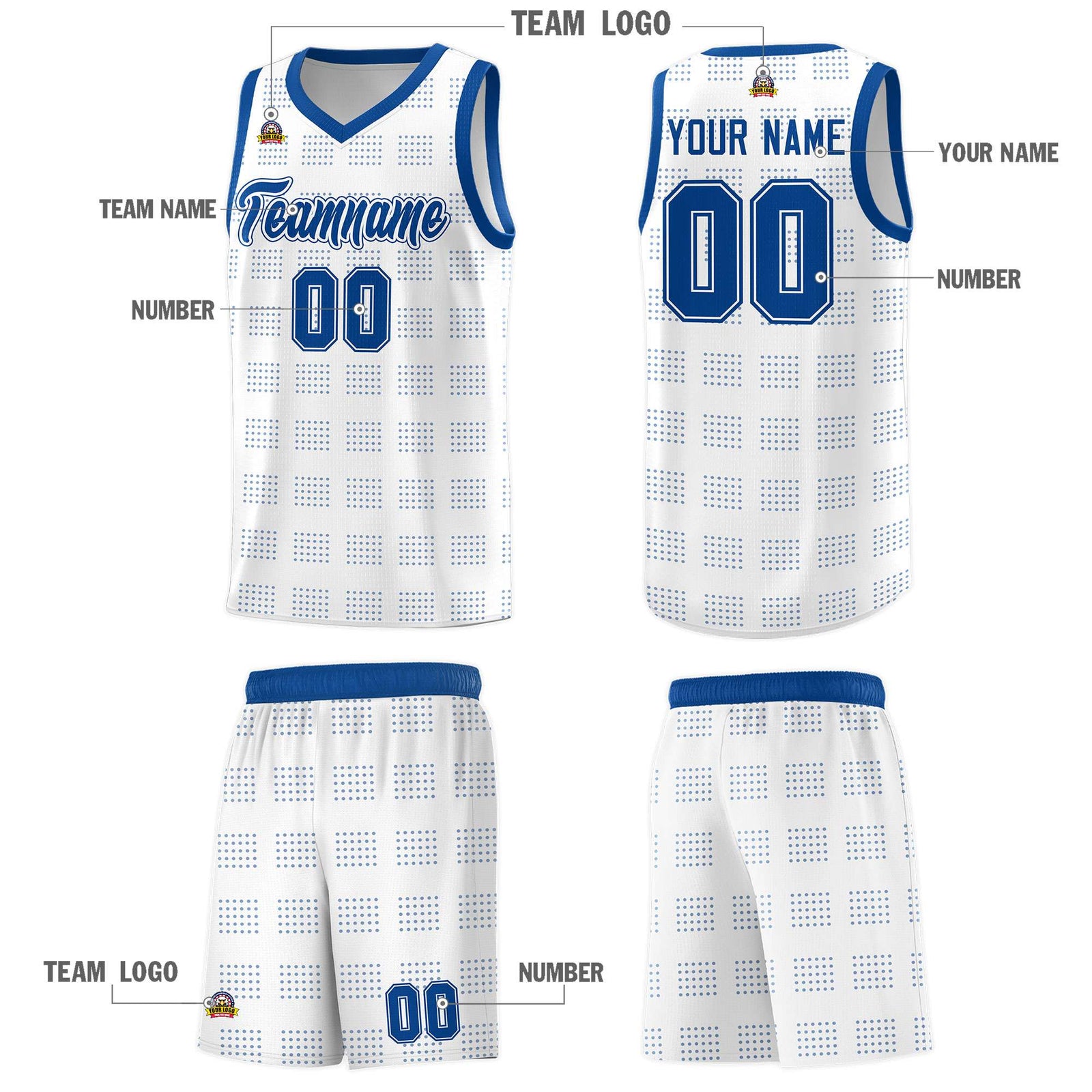 Custom White Royal Trailblazer Dot Pattern Sports Uniform Basketball Jersey