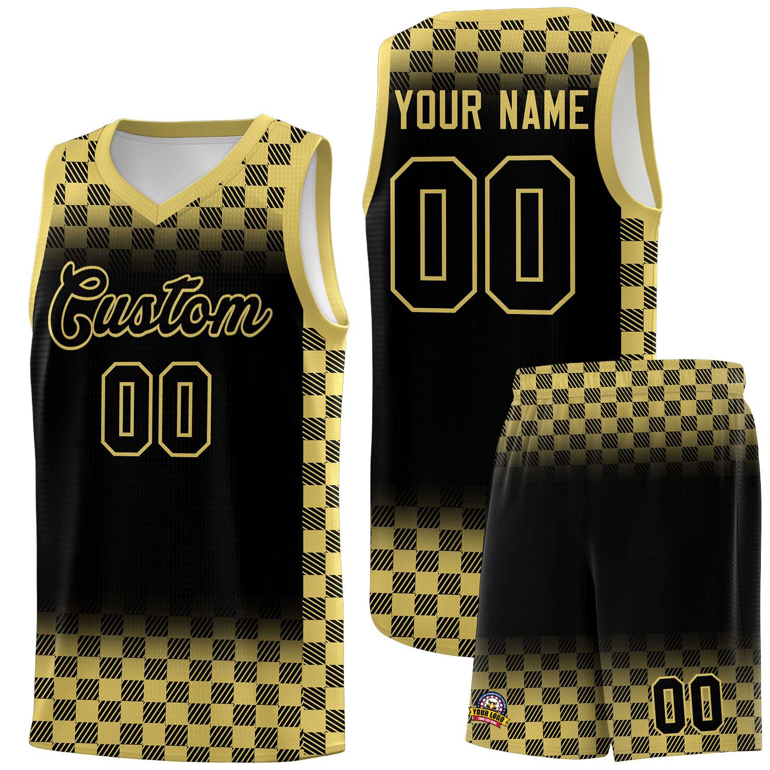 Custom Black Old Gold Classic Plaid Pattern Sports Uniform Basketball Jersey