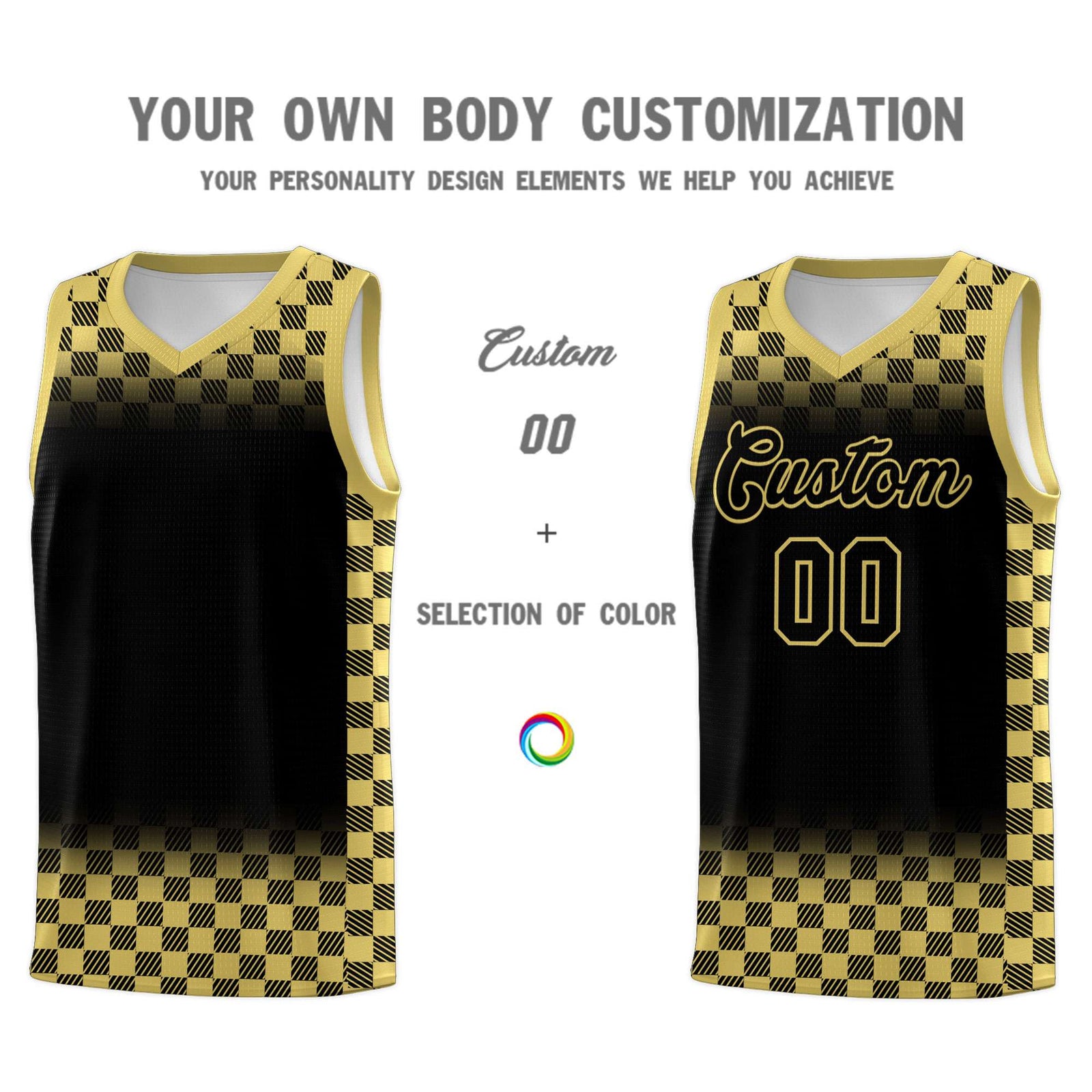 Custom Black Old Gold Classic Plaid Pattern Sports Uniform Basketball Jersey