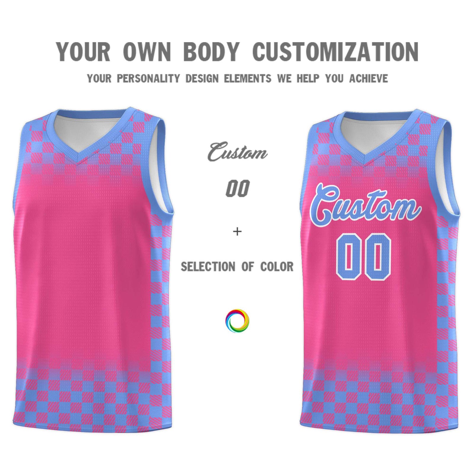 Custom Pink Light Blue Classic Plaid Pattern Sports Uniform Basketball Jersey