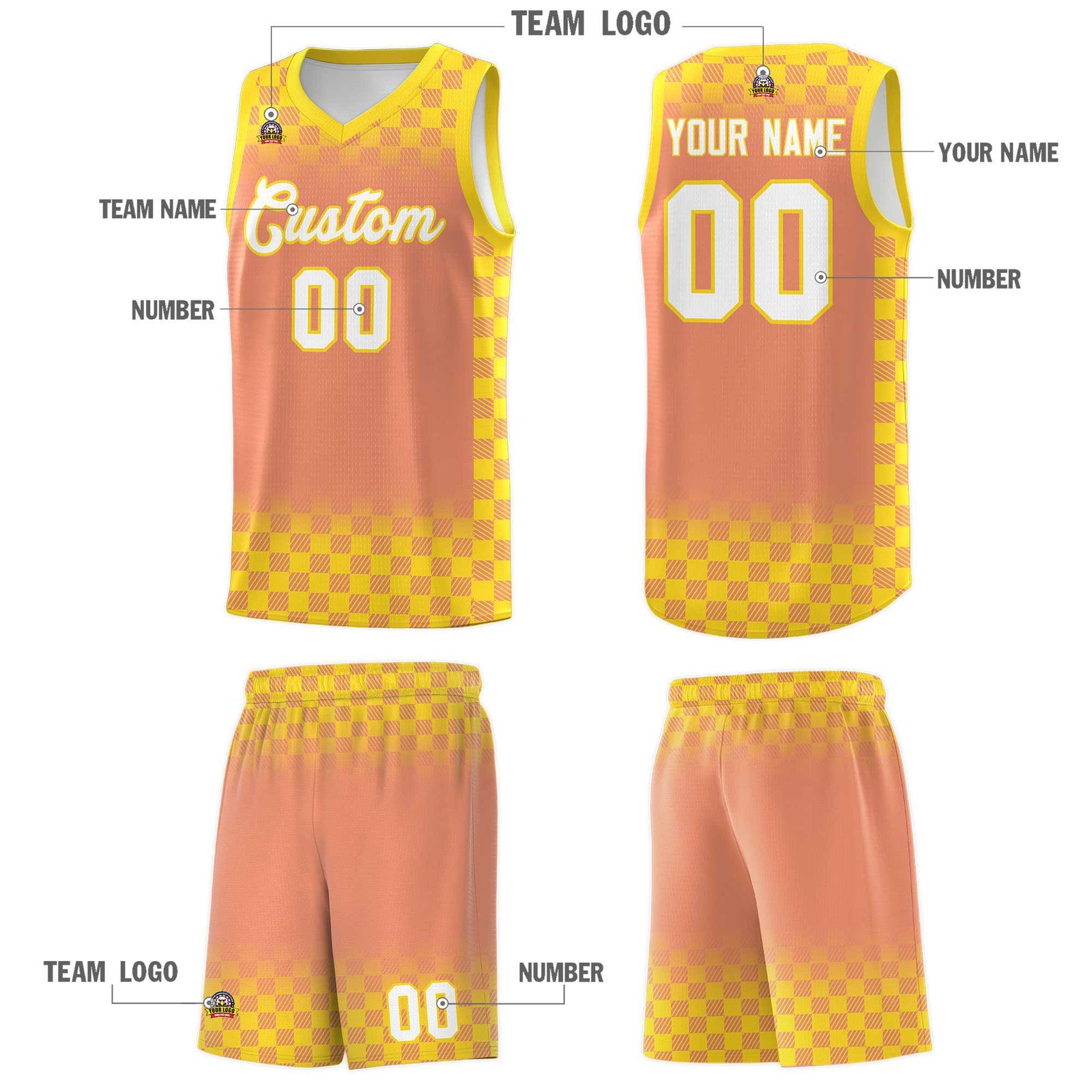 Custom Light Orange Gold Classic Plaid Pattern Sports Uniform Basketball Jersey