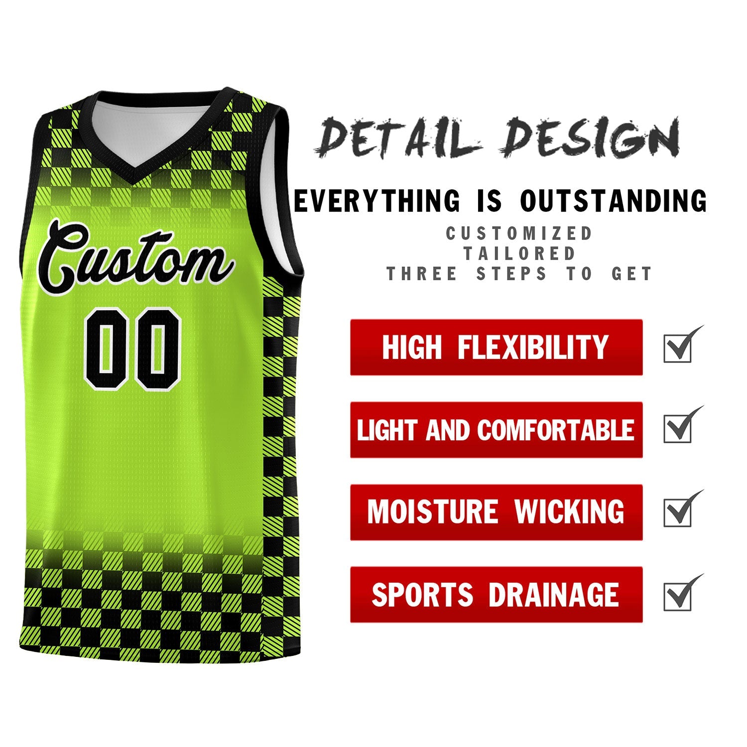 Custom Neon Green Black Classic Plaid Pattern Sports Uniform Basketball Jersey