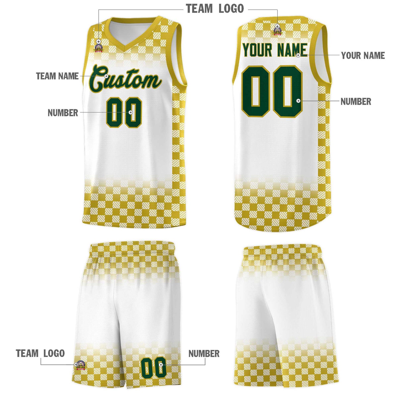 Custom White Old Gold Classic Plaid Pattern Sports Uniform Basketball Jersey