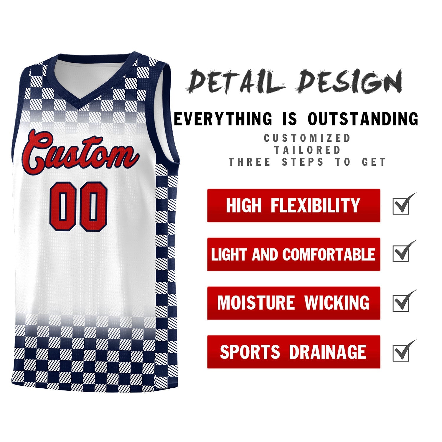 Custom White Navy Classic Plaid Pattern Sports Uniform Basketball Jersey