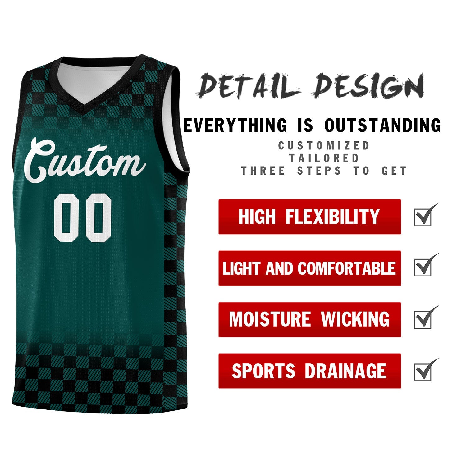Custom Midnight Green Black Classic Plaid Pattern Sports Uniform Basketball Jersey