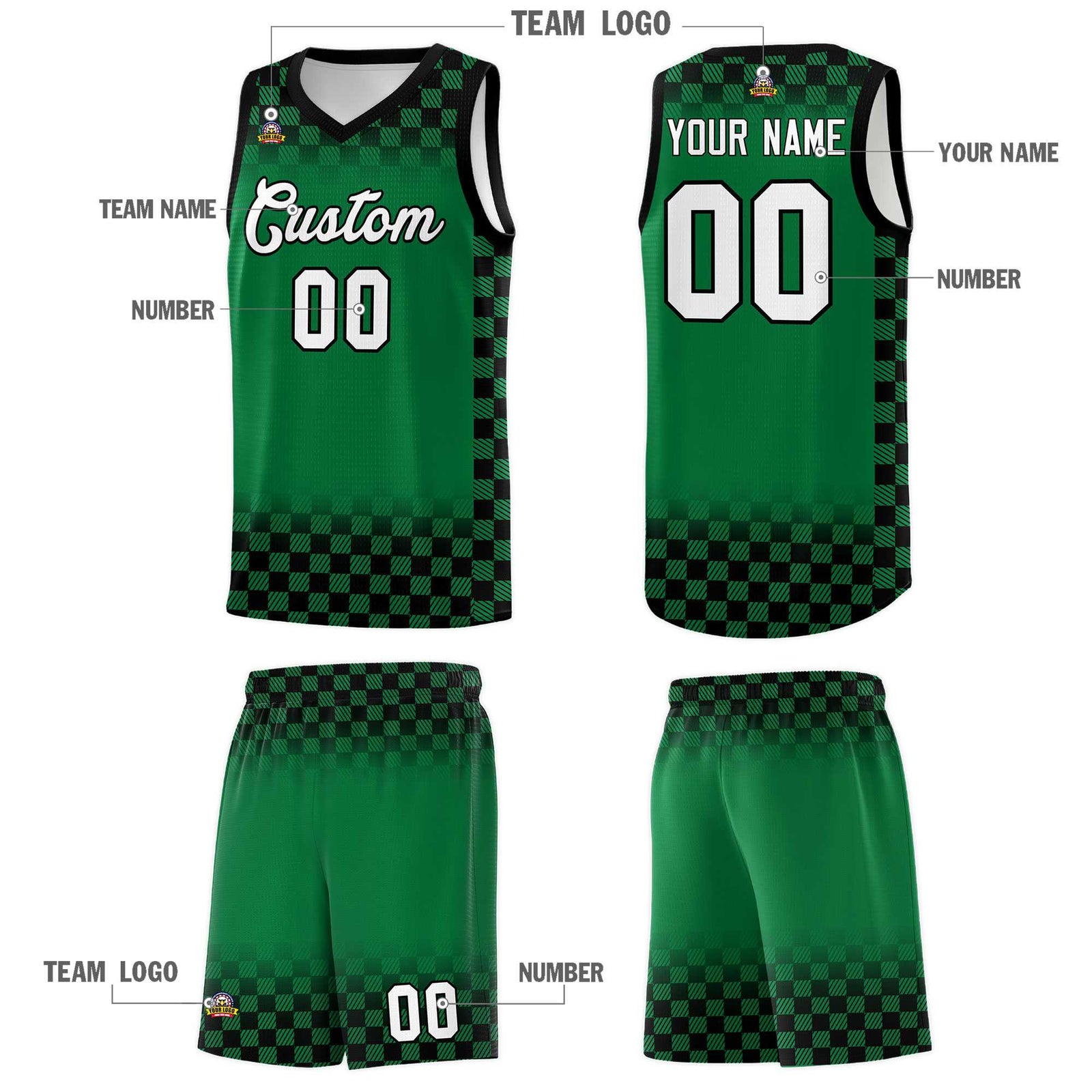 Custom Kelly Green Black Classic Plaid Pattern Sports Uniform Basketball Jersey