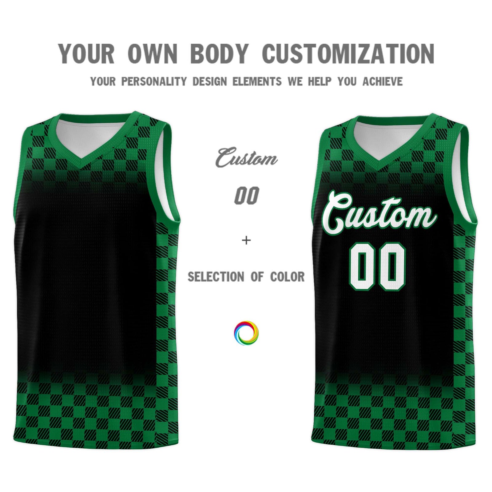 Custom Black Kelly Green Classic Plaid Pattern Sports Uniform Basketball Jersey