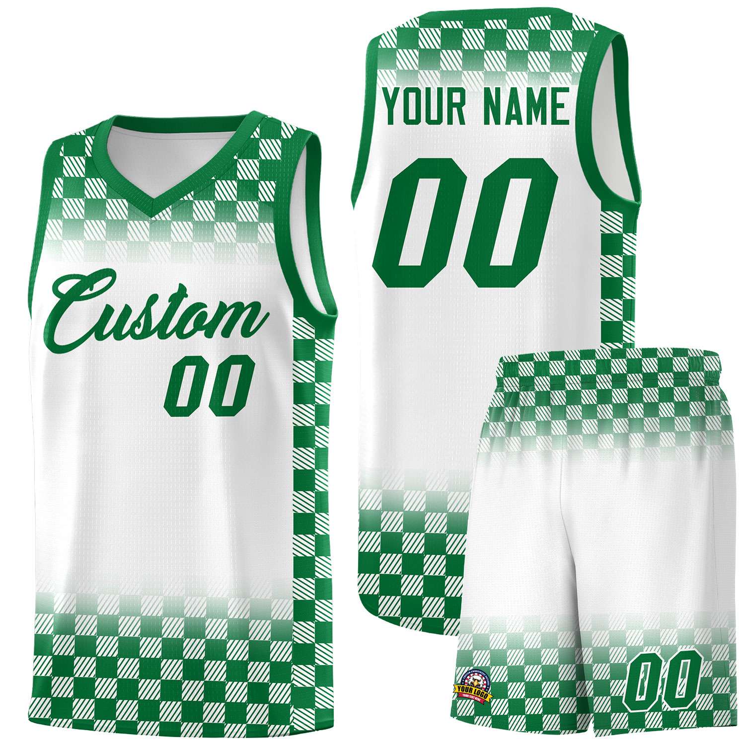 Custom White Kelly Green Classic Plaid Pattern Sports Uniform Basketball Jersey