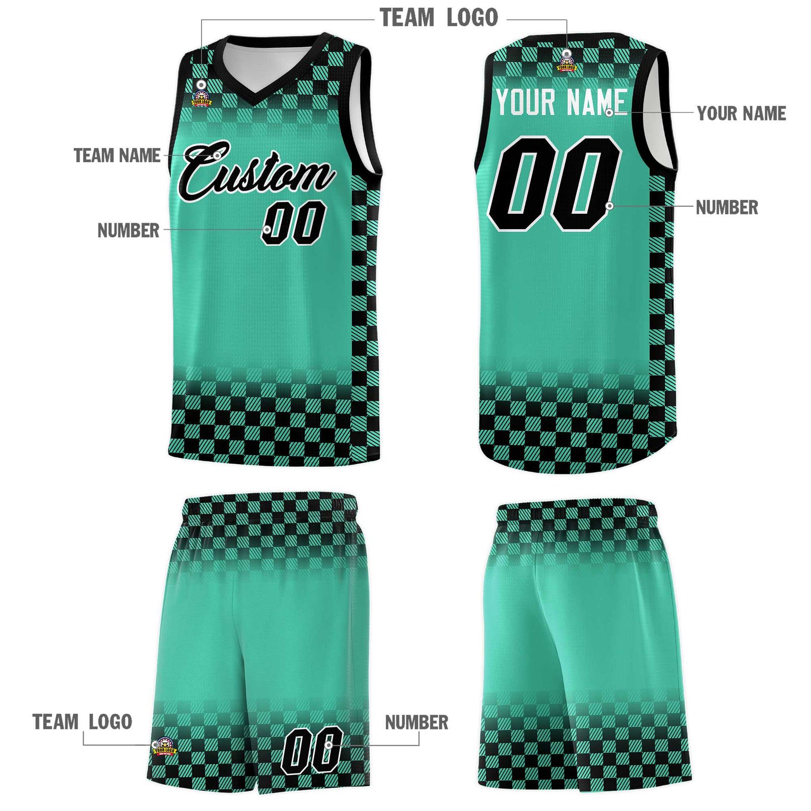Custom Bright Green Black Classic Plaid Pattern Sports Uniform Basketball Jersey