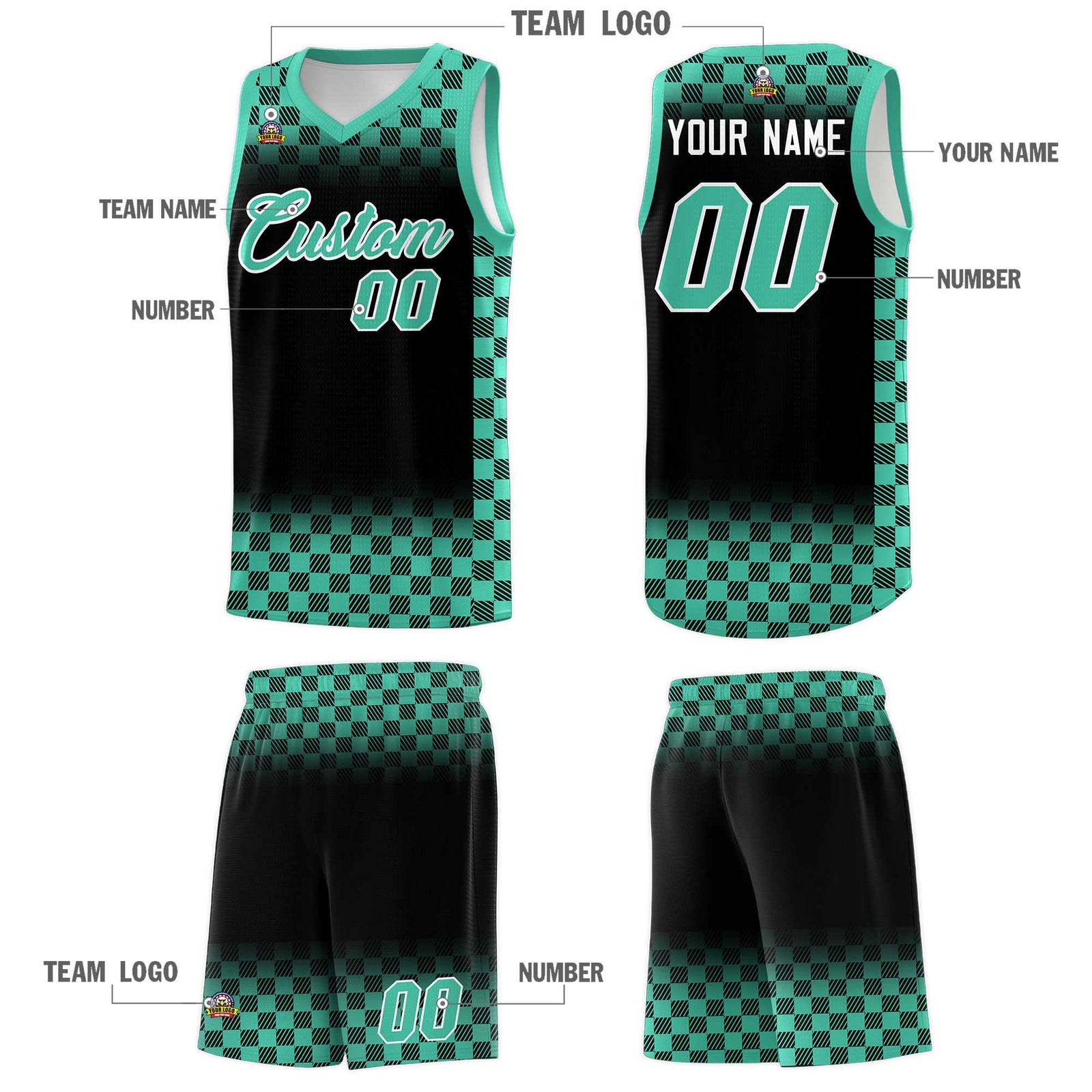 Custom Black Bright Green Classic Plaid Pattern Sports Uniform Basketball Jersey