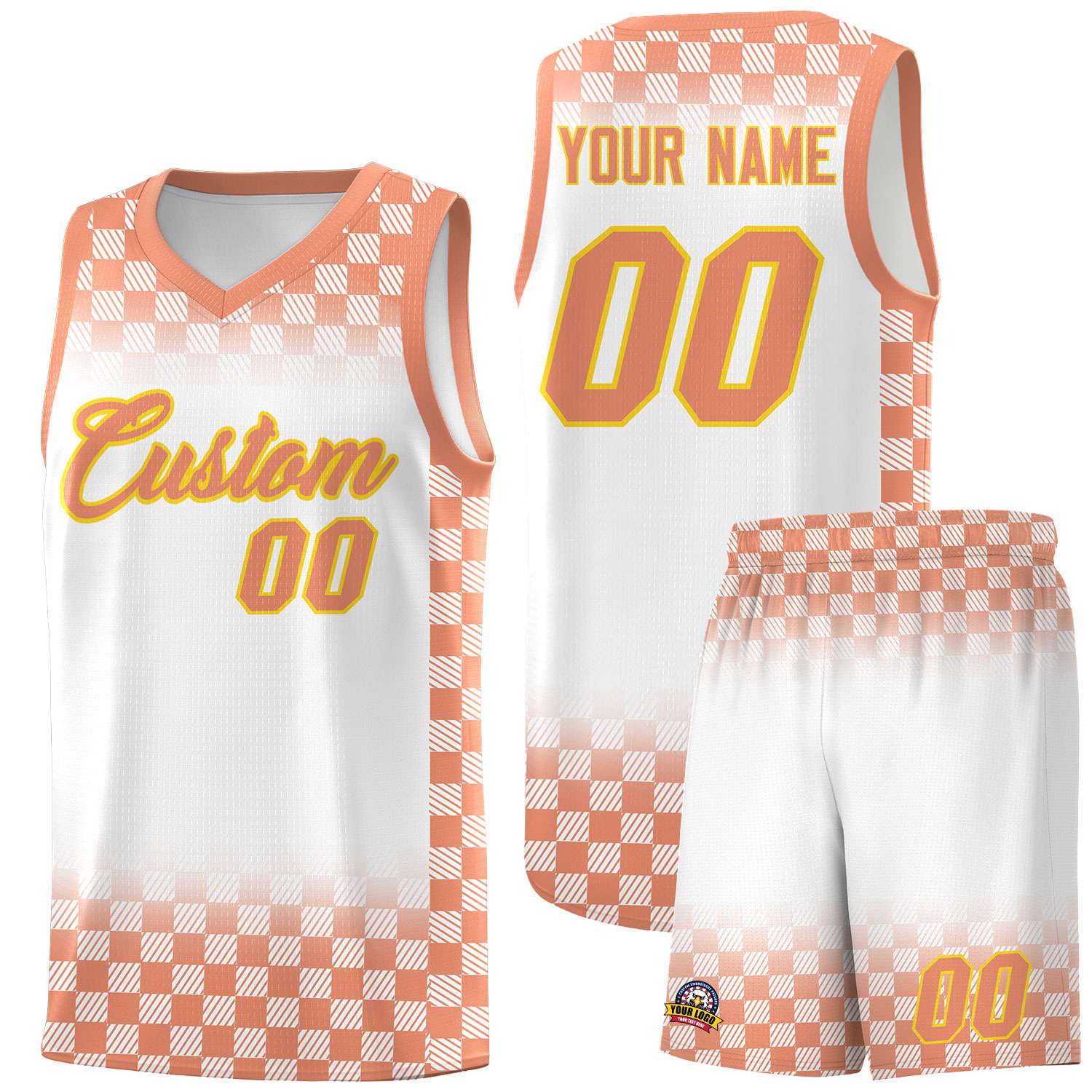 Custom White Light Orange Classic Plaid Pattern Sports Uniform Basketball Jersey