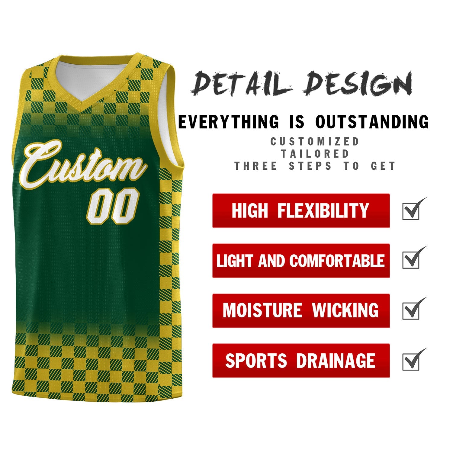 Custom Green Old Gold Classic Plaid Pattern Sports Uniform Basketball Jersey