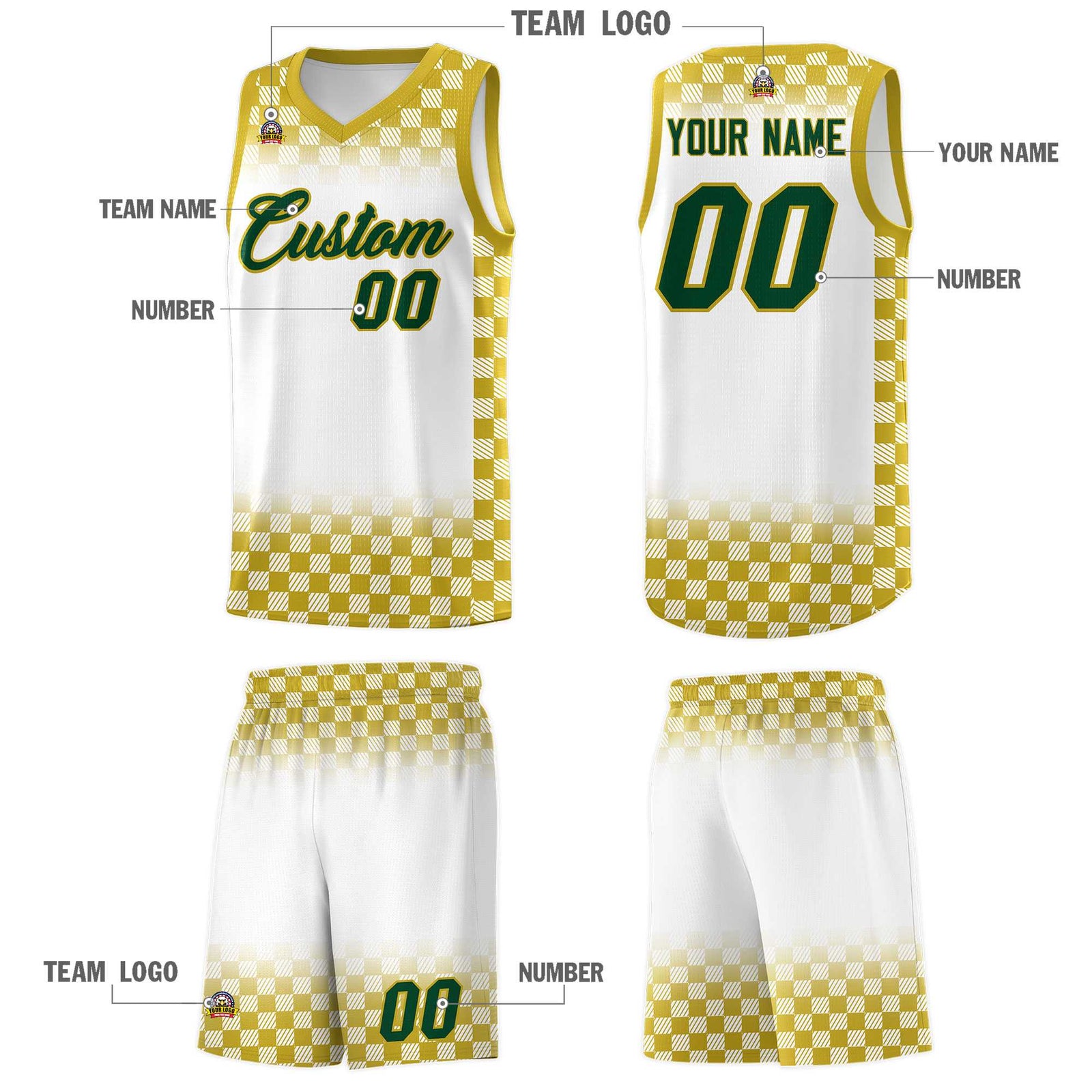 Custom White Old Gold Classic Plaid Pattern Sports Uniform Basketball Jersey