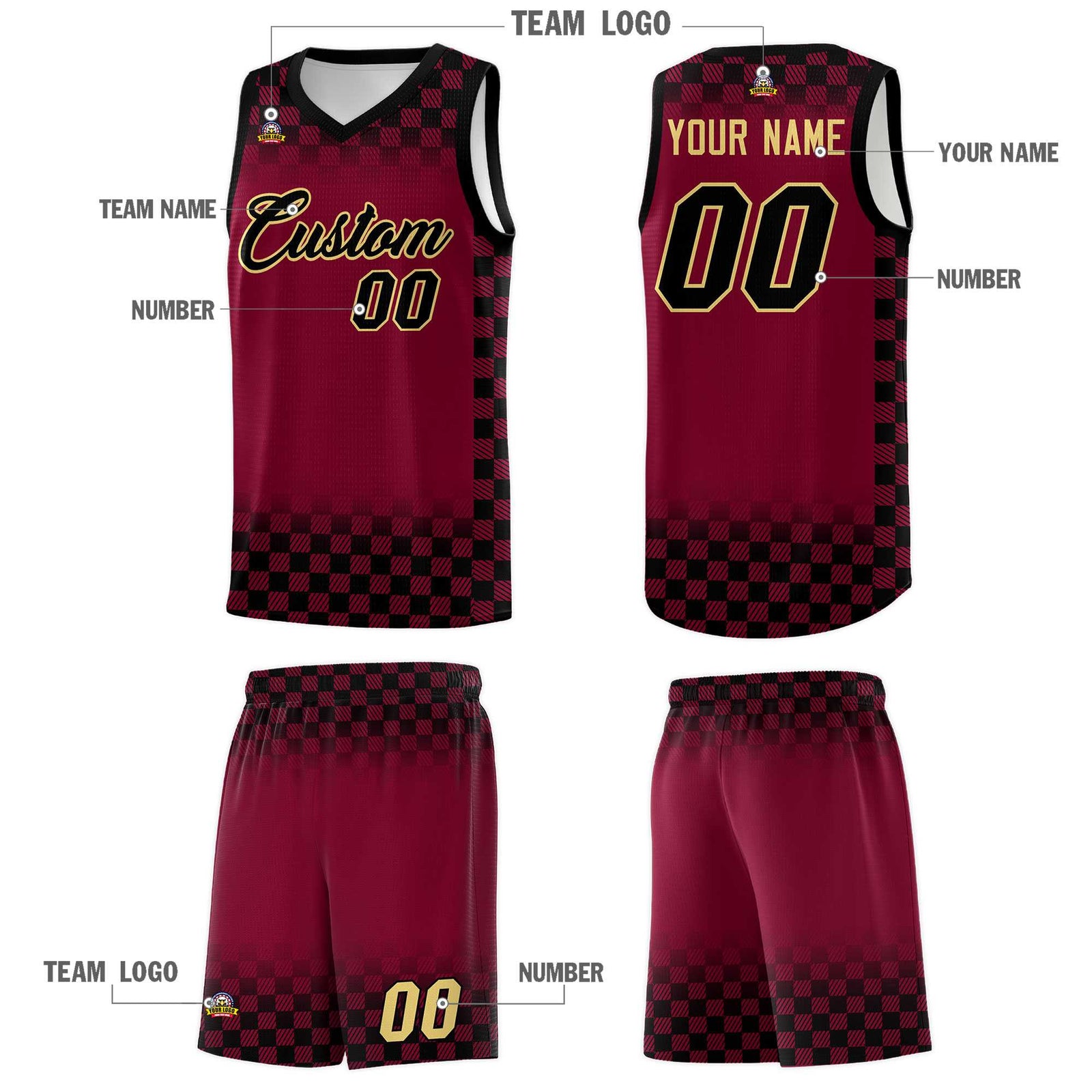 Custom Crimson Black Classic Plaid Pattern Sports Uniform Basketball Jersey