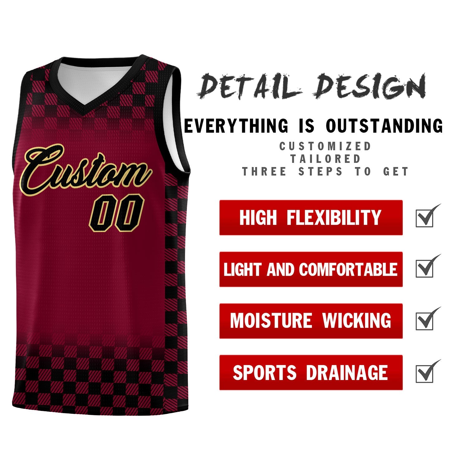 Custom Crimson Black Classic Plaid Pattern Sports Uniform Basketball Jersey