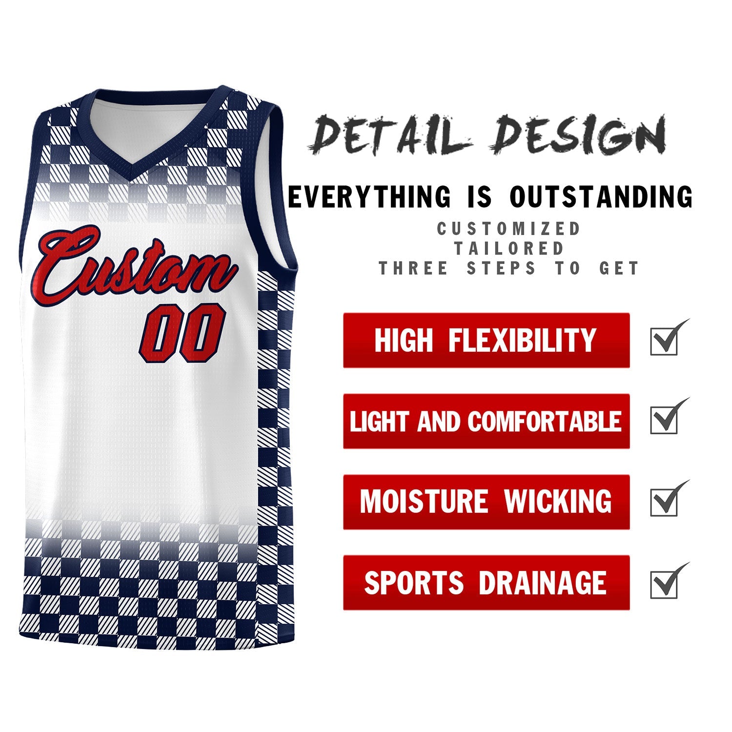 Custom White Navy Classic Plaid Pattern Sports Uniform Basketball Jersey