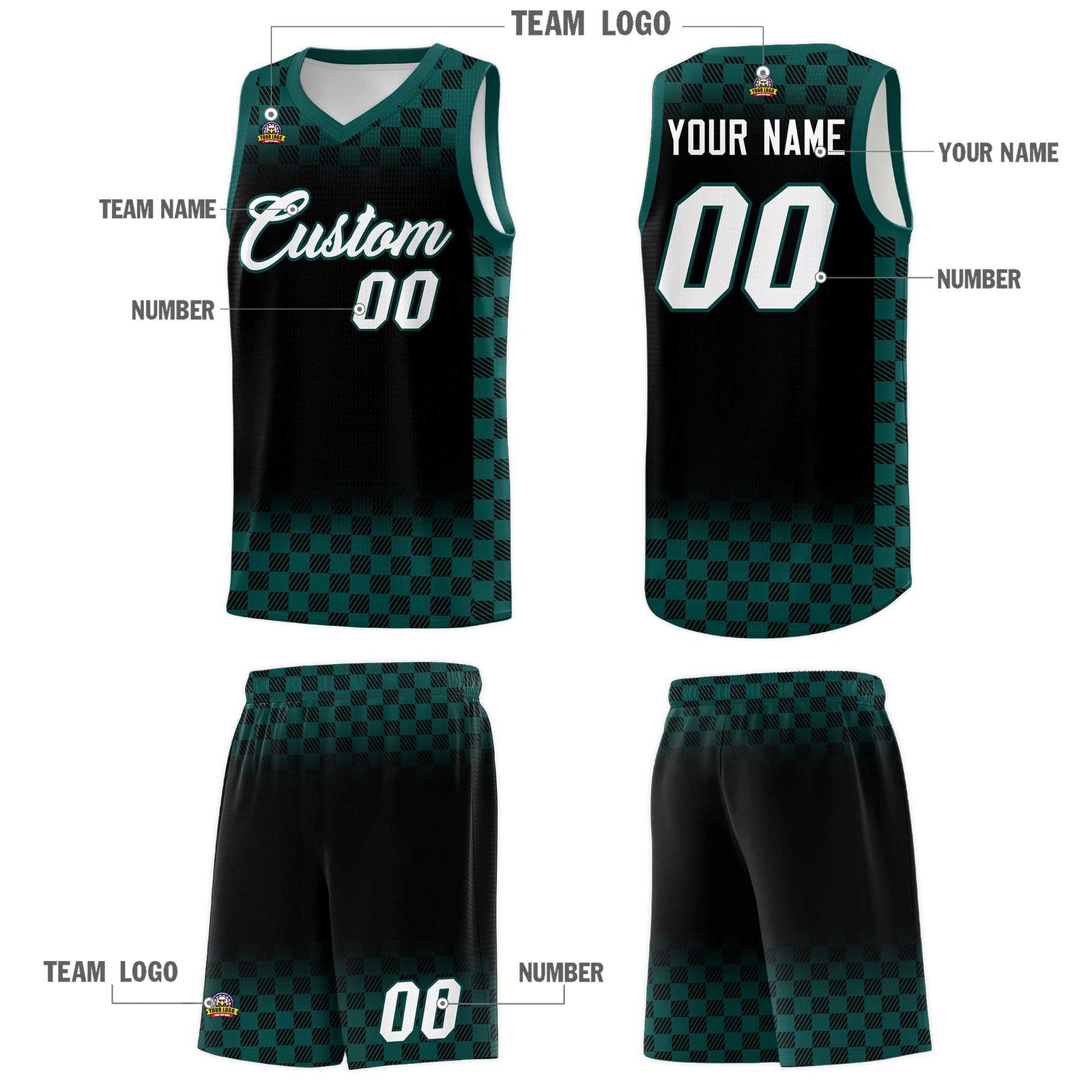 Custom Black Midnight Green Classic Plaid Pattern Sports Uniform Basketball Jersey
