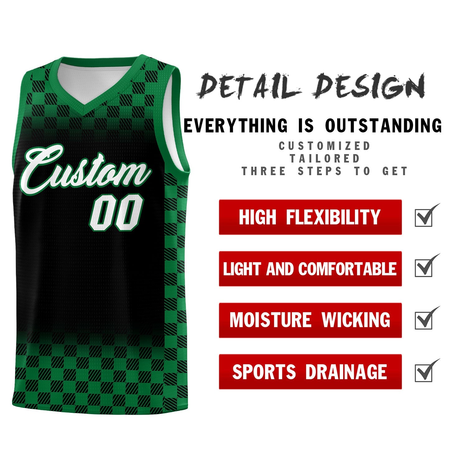 Custom Black Kelly Green Classic Plaid Pattern Sports Uniform Basketball Jersey