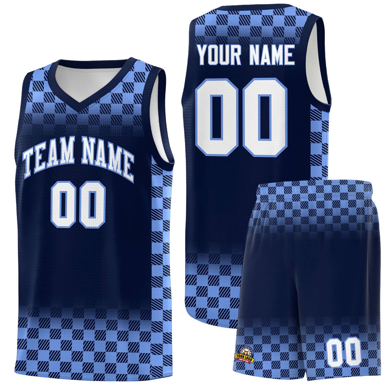 Custom Navy Light Blue Classic Plaid Pattern Sports Uniform Basketball Jersey