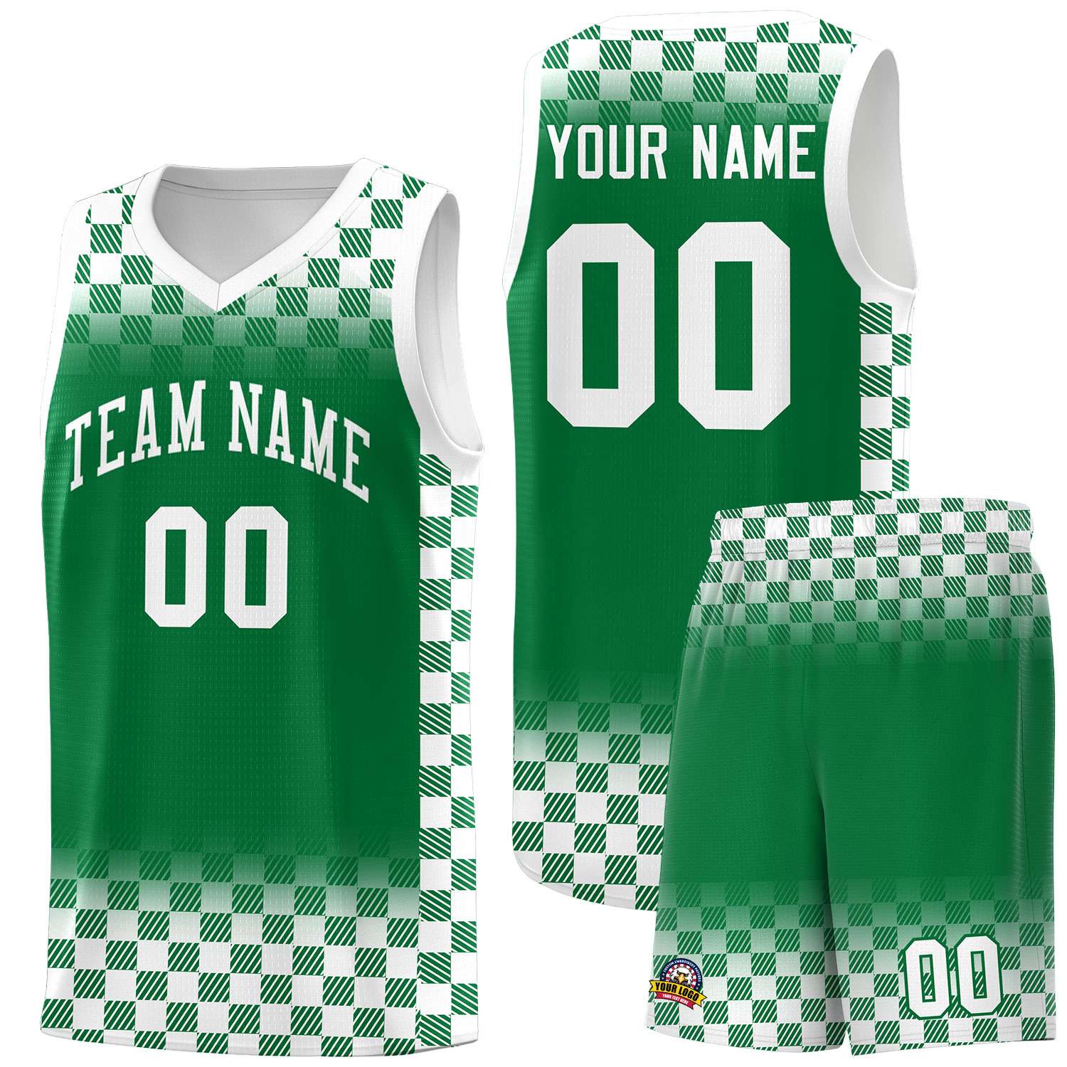 Custom Kelly Green White Classic Plaid Pattern Sports Uniform Basketball Jersey