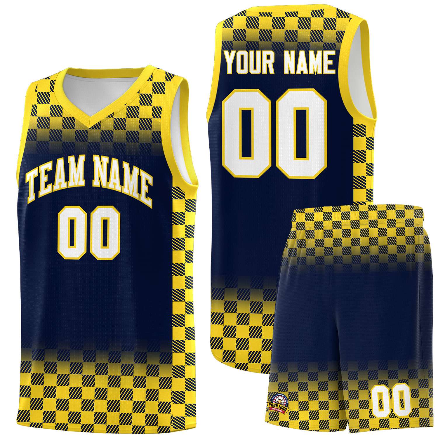 Custom Navy Gold Classic Plaid Pattern Sports Uniform Basketball Jersey