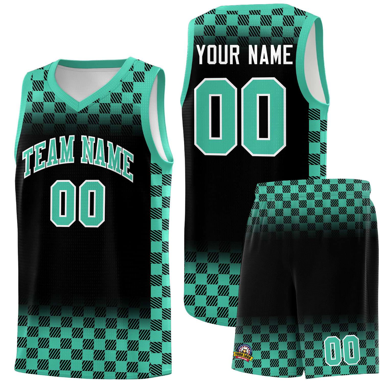 Custom Black Bright Green Classic Plaid Pattern Sports Uniform Basketball Jersey