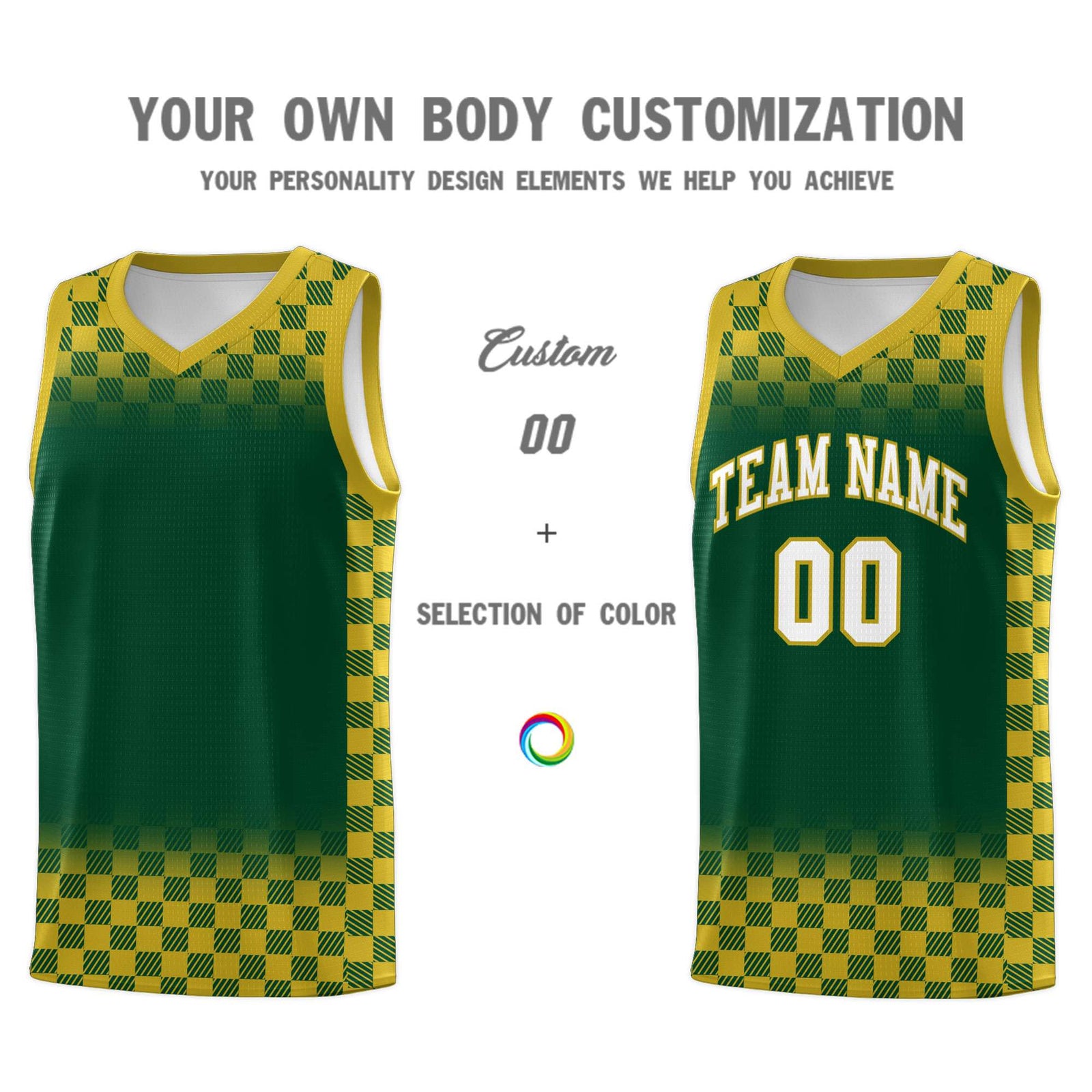 Custom Green Old Gold Classic Plaid Pattern Sports Uniform Basketball Jersey