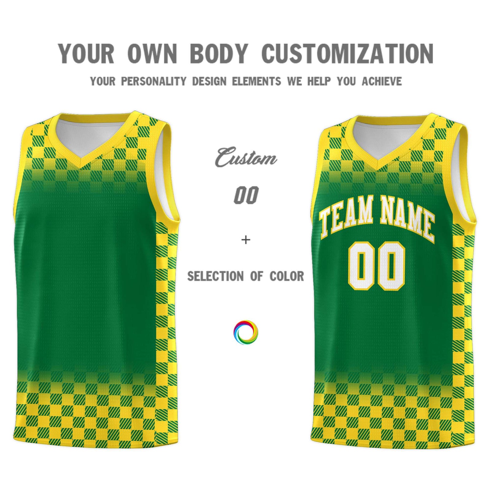 Custom Kelly Green Gold Classic Plaid Pattern Sports Uniform Basketball Jersey