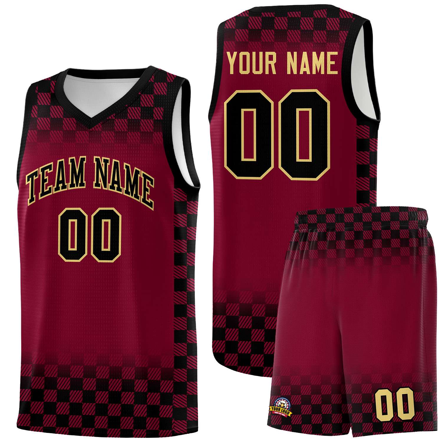 Custom Crimson Black Classic Plaid Pattern Sports Uniform Basketball Jersey