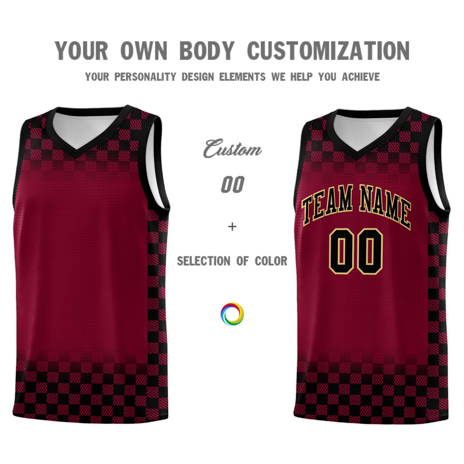 Custom Crimson Black Classic Plaid Pattern Sports Uniform Basketball Jersey