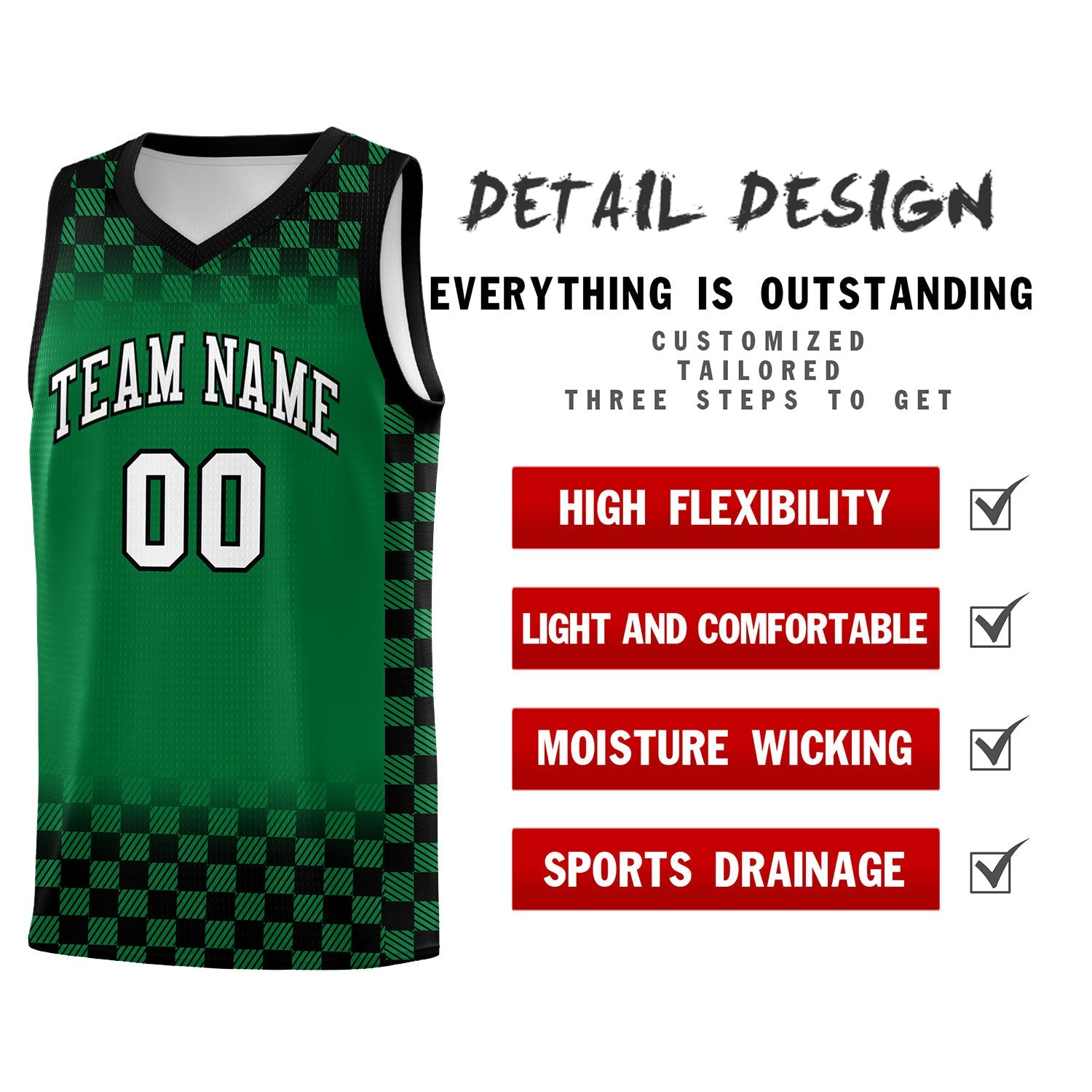 Custom Kelly Green Black Classic Plaid Pattern Sports Uniform Basketball Jersey
