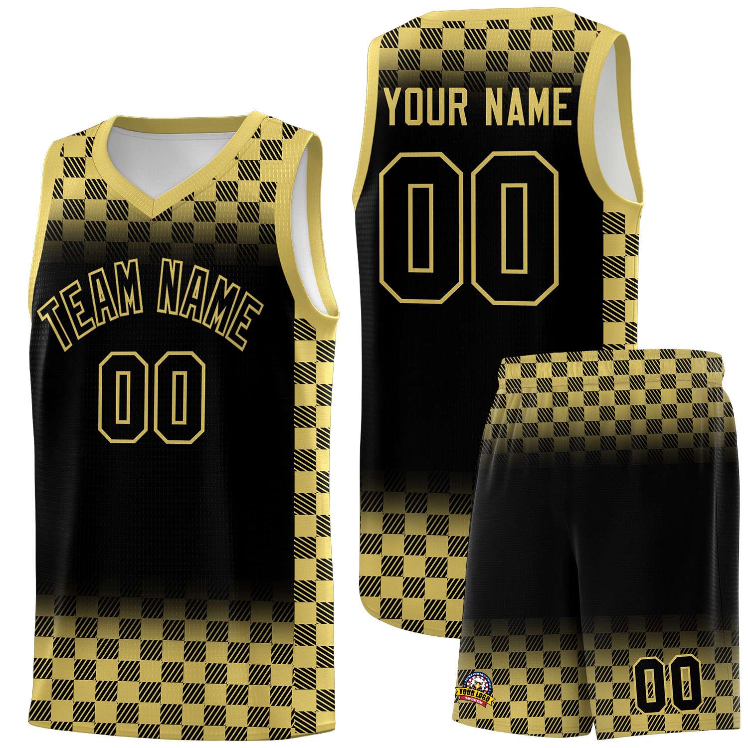 Custom Black Old Gold Classic Plaid Pattern Sports Uniform Basketball Jersey