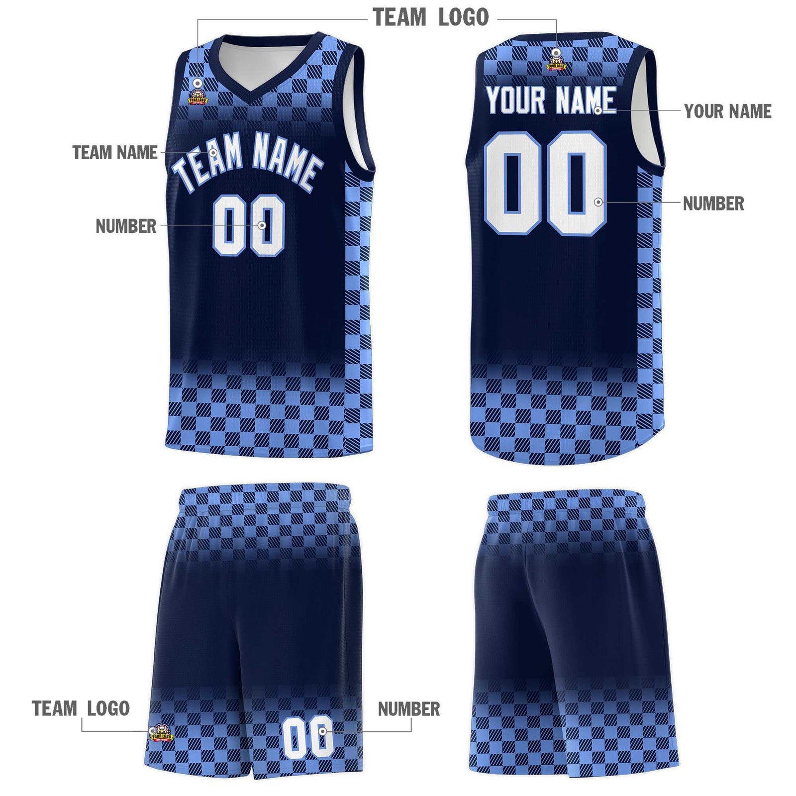 Custom Navy Light Blue Classic Plaid Pattern Sports Uniform Basketball Jersey