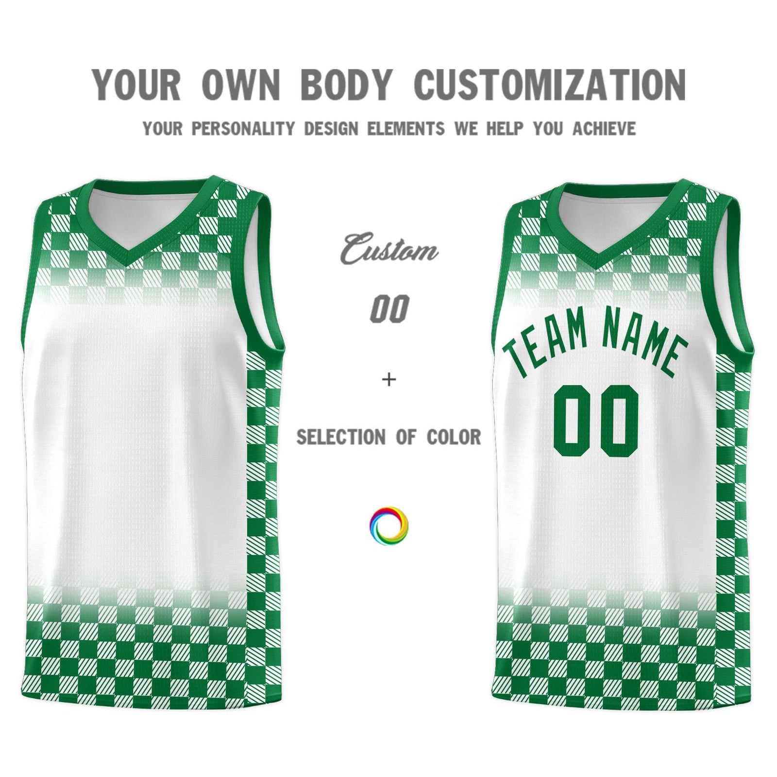 Custom White Kelly Green Classic Plaid Pattern Sports Uniform Basketball Jersey