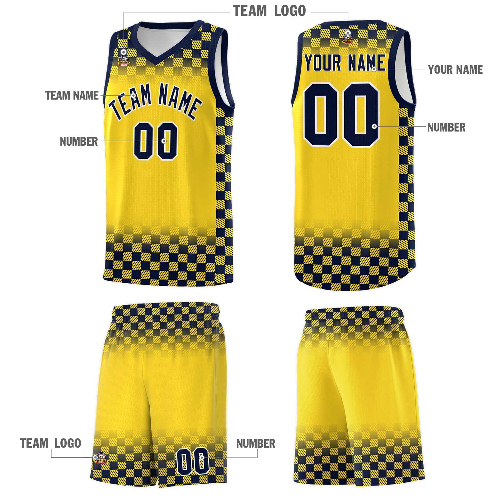 Custom Gold Navy Classic Plaid Pattern Sports Uniform Basketball Jersey