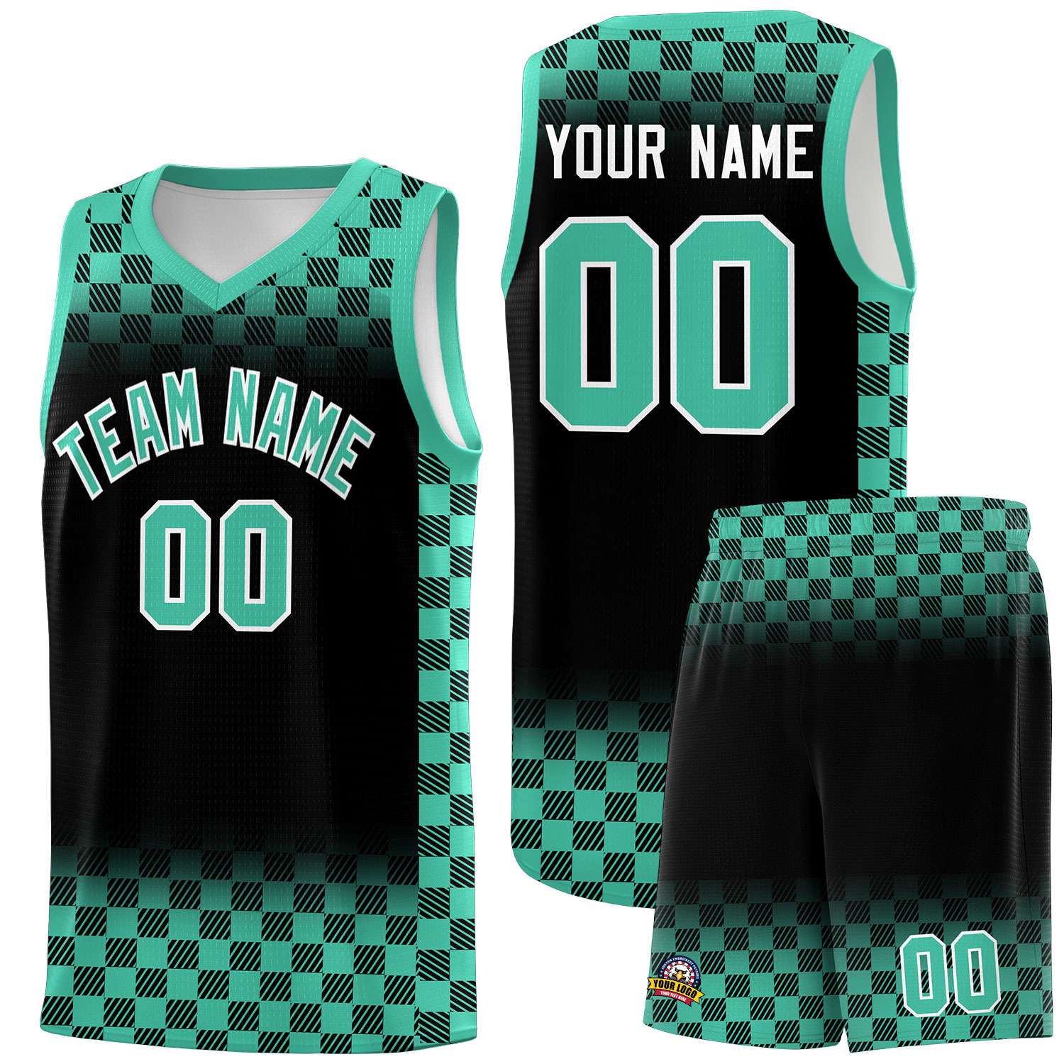 Custom Black Bright Green Classic Plaid Pattern Sports Uniform Basketball Jersey
