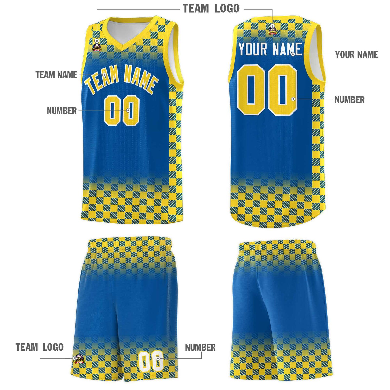Custom Royal Gold Classic Plaid Pattern Sports Uniform Basketball Jersey