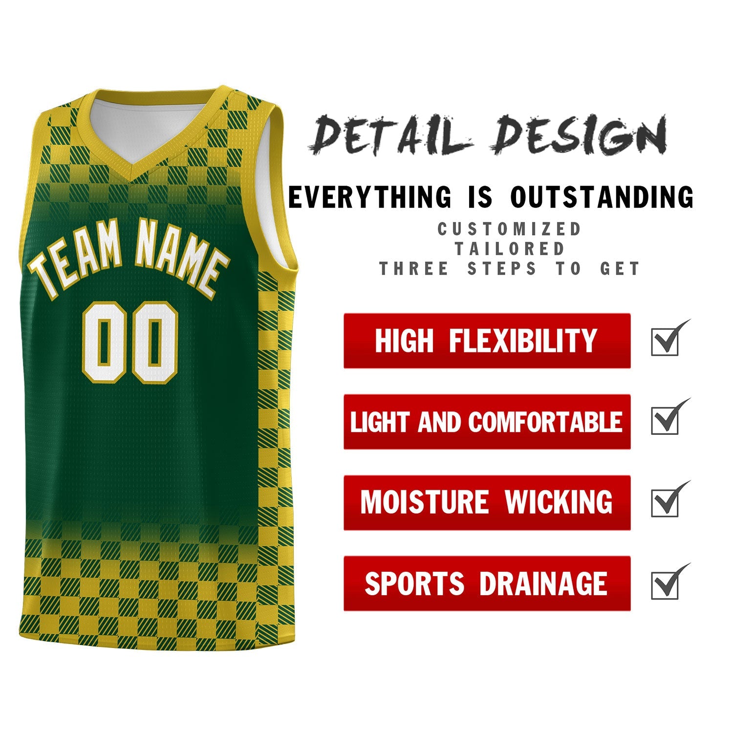 Custom Green Old Gold Classic Plaid Pattern Sports Uniform Basketball Jersey